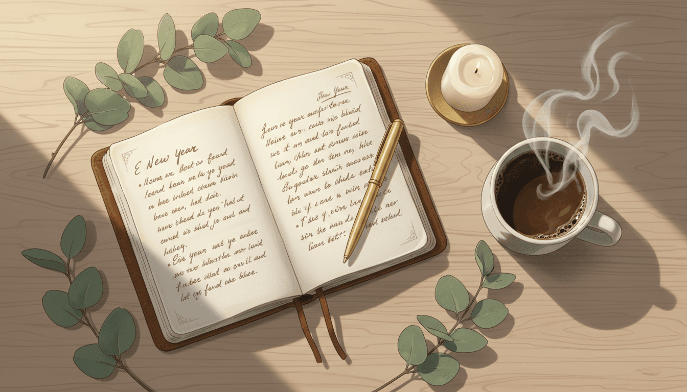 Cozy morning planning setup with journal, coffee, and candle for new year life planning ritual in soft golden light