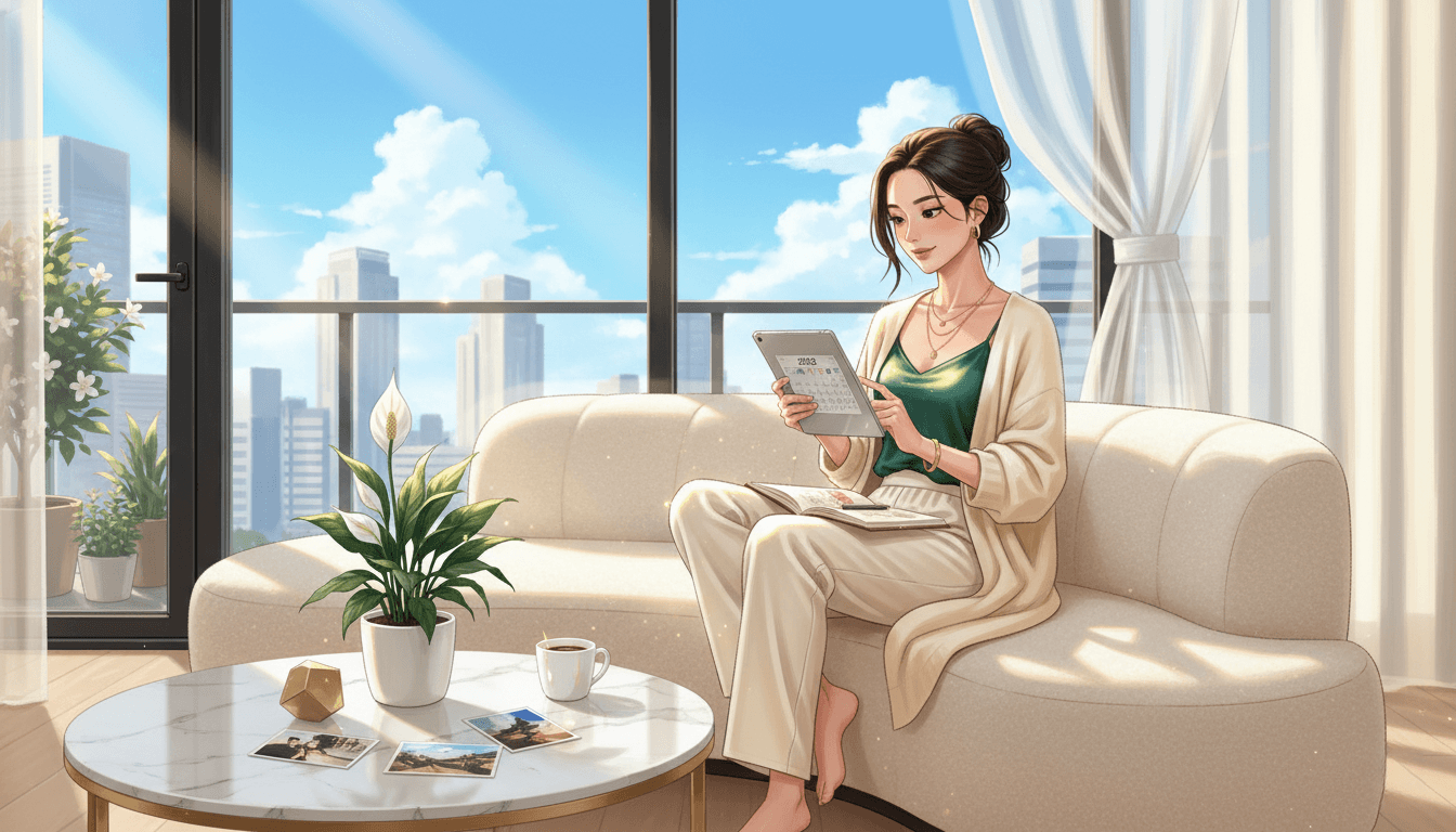 Young man sitting on cream sofa reviewing photos and calendar on tablet, reflecting on past year memories