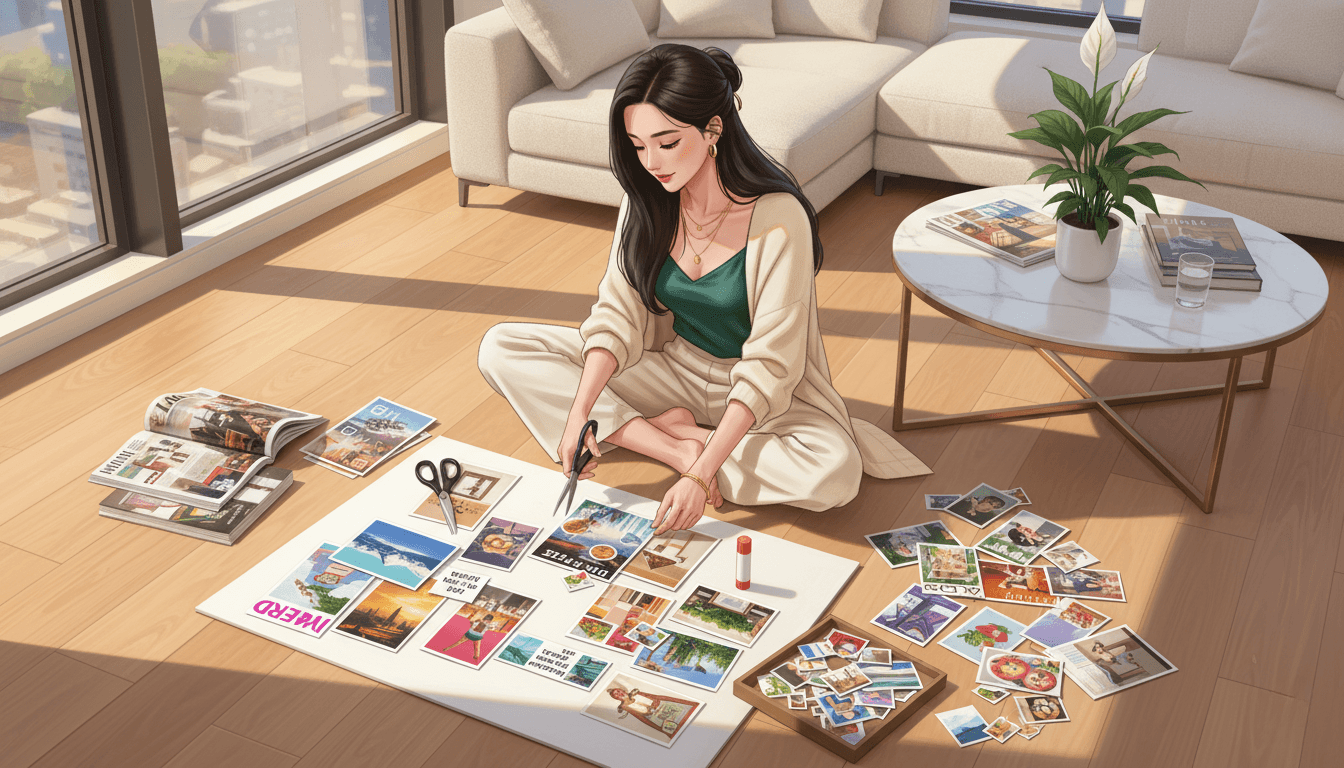 Hands arranging colorful cut-out images, photos, and inspirational words on a vision board